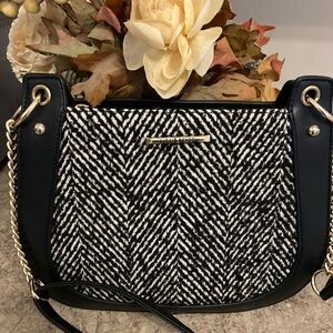 Alexis Bendel Black and White Herringbone Shoulder Bag with Gold Chain Strap